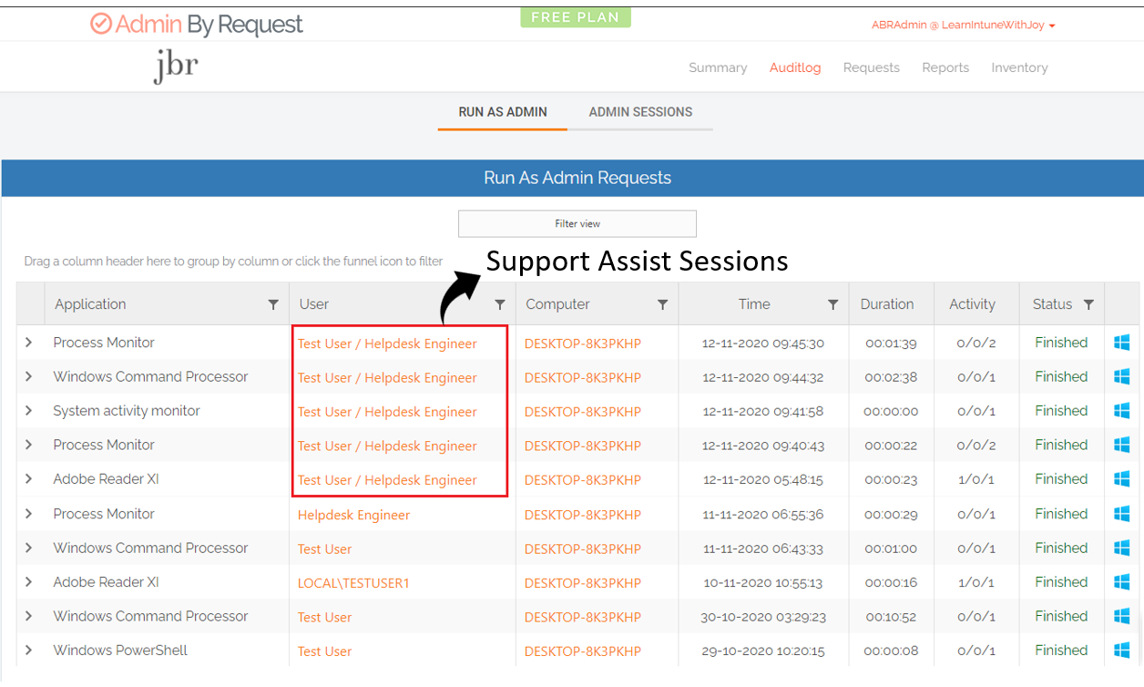Support Assist session with Admin By Request - Support Assist sessions can be easily identified in audited events since they appear with the end-user account (Windows logged-in user) followed by the account which was used by the helpdesk engineer to sign-in to ABR to initiate the Support Assist session.