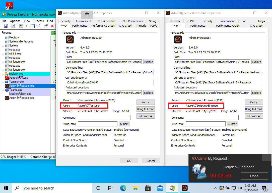 A Support Assist session initiates two processes of Admin By Request on the endpoint - one running with Windows logged-in user account and the other running with the helpdesk engineer provided account to do the Support sign in