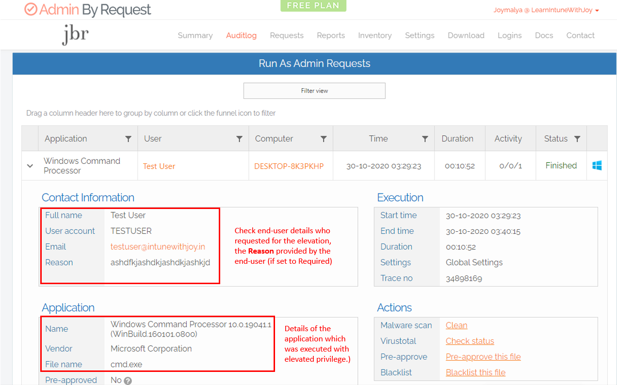 Admin By Request - Click to open a Run as admin audit event to see further details for that transaction.