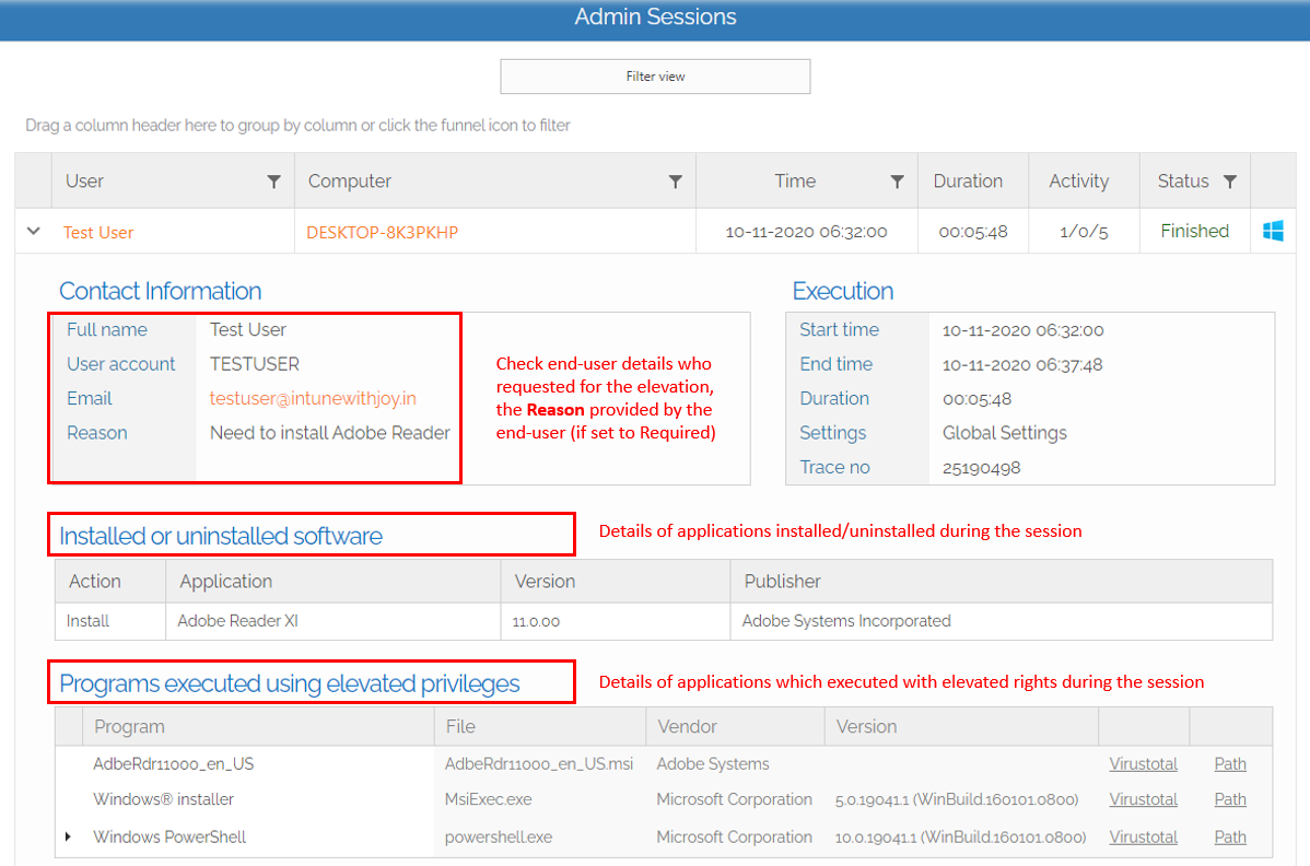 Admin By Request - Click to open an Admin Session audit event to see further details for that transaction.