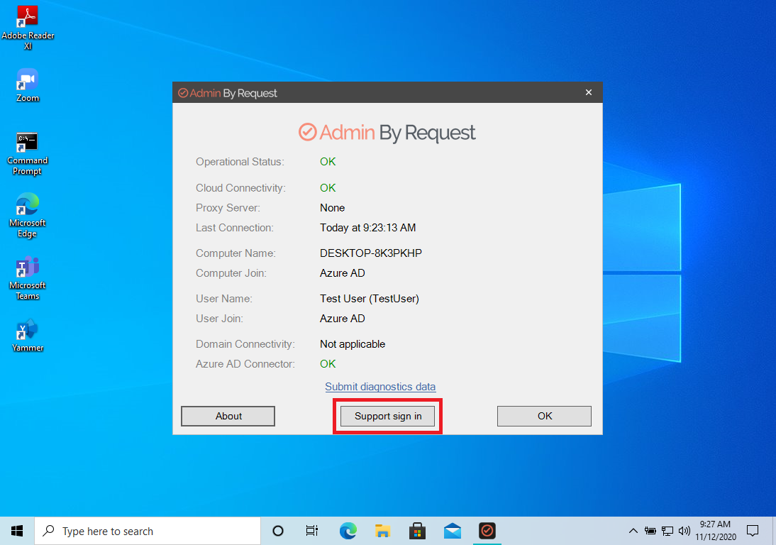 Starting a Support Assist session with Admin By Request - Support Sign in button facilitates Helpdesk engineer to sign-in to ABR client and run it seperately from the current logged-in Windows account.