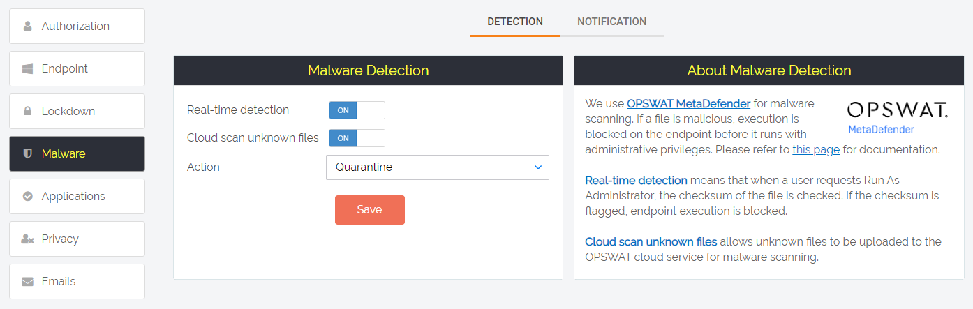Malware detection settings