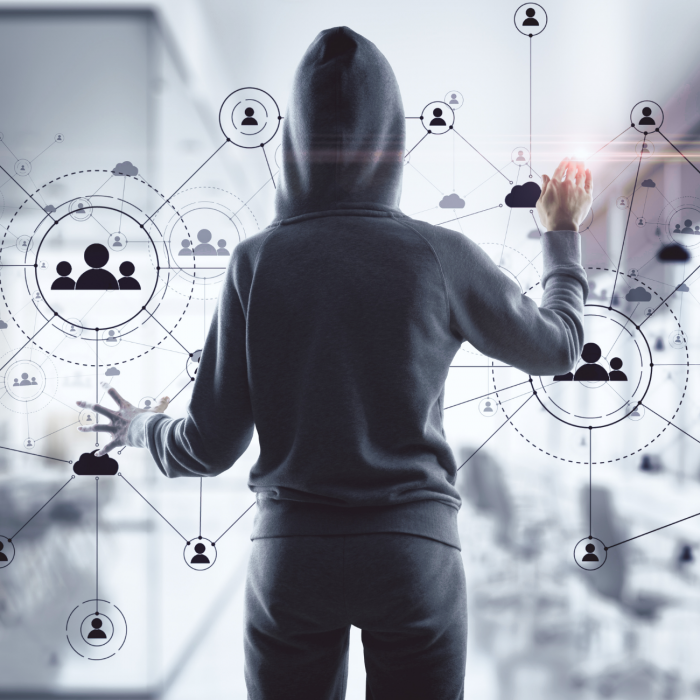 Graphic of the back of a hacker in a hoodie touching points on a screen » admin by request