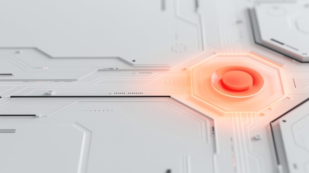 Glowing orange hexagonal activation button on a sleek circuit-board surface. » admin by request