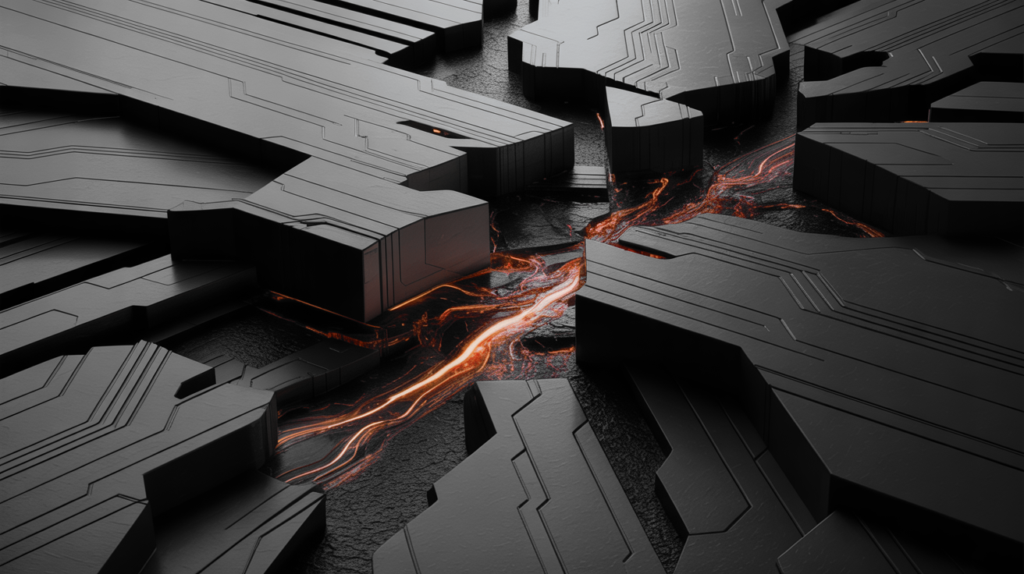 Abstract black geometric landscape with angular slabs and a glowing lava-like river flowing between them » admin by request