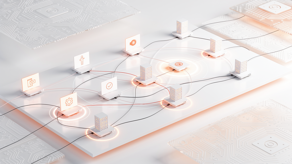 Abstract network diagram showing multiple icons on small platforms connected by cables across a white surface, representing linked devices in a data network. » admin by request