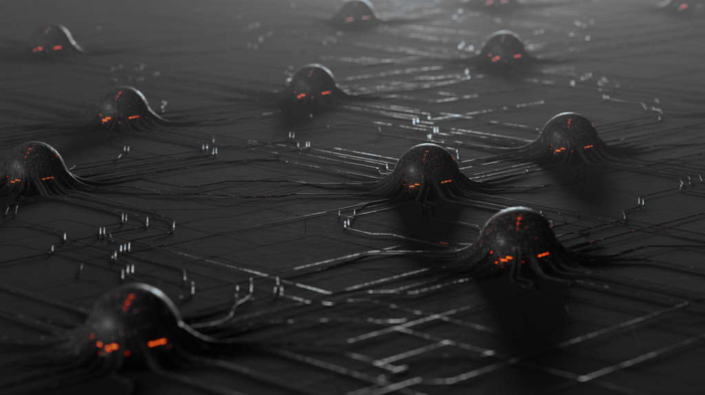 Abstract 3d rendering of dark, dome-shaped nodes connected by thin wires over a grid, with subtle orange highlights suggesting neural network connections. » admin by request