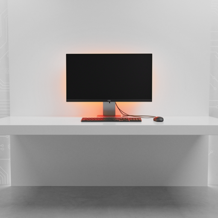 White desk with a black monitor, red keyboard and mouse, and an orange backlight against a circuit-pattern wall. » admin by request