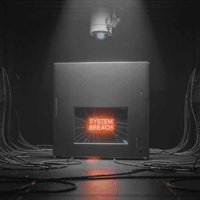 Dark data center with a black server enclosure; a glowing screen reads 'system breach' in orange. » admin by request