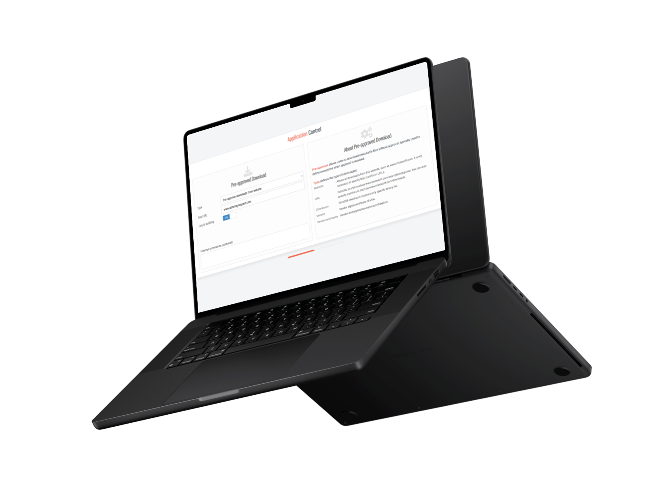 Angled black laptop displaying a software interface on screen with 'Application Control' and 'Pre-approved Download' sections