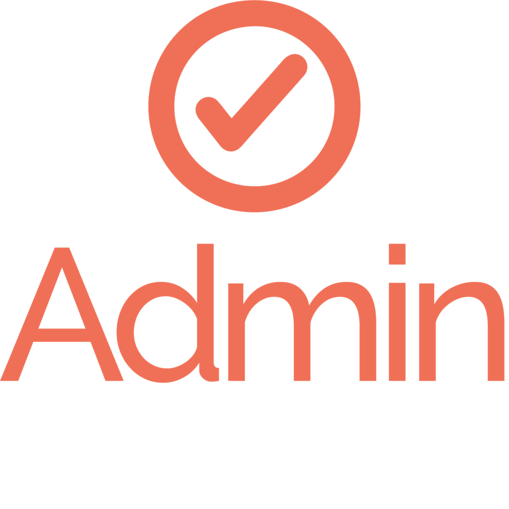 Orange logo featuring a check mark inside a circle above the word admin » admin by request » admin by request