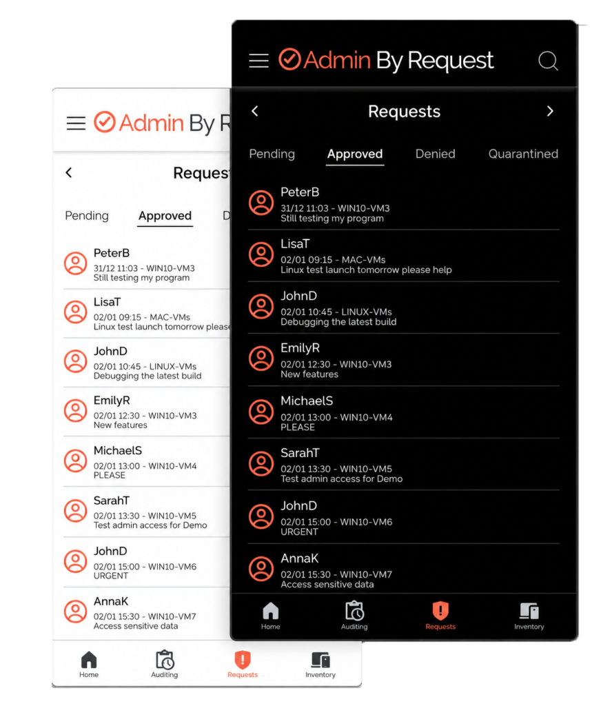 Two overlapping mobile screens showing an admin by request app with a list of user requests under the approved tab (dark mode on top, light mode beneath). » admin by request » admin by request