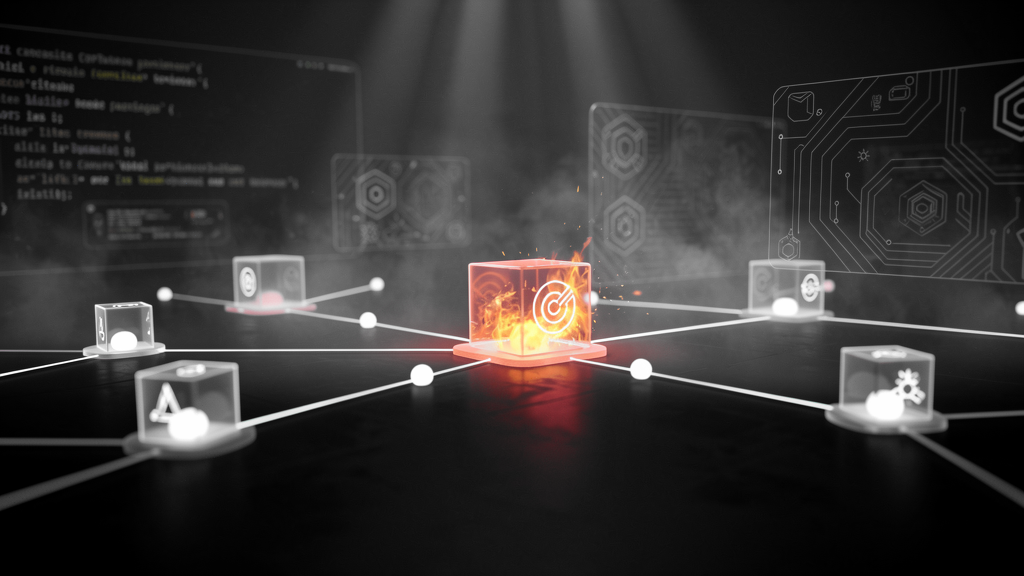 Central glowing orange hub with a target icon connected to smaller transparent nodes in a dark futuristic network. Futuristic network diagram: a fiery central node linked to several peripheral cubes in a dim, tech-themed scene. » admin by request
