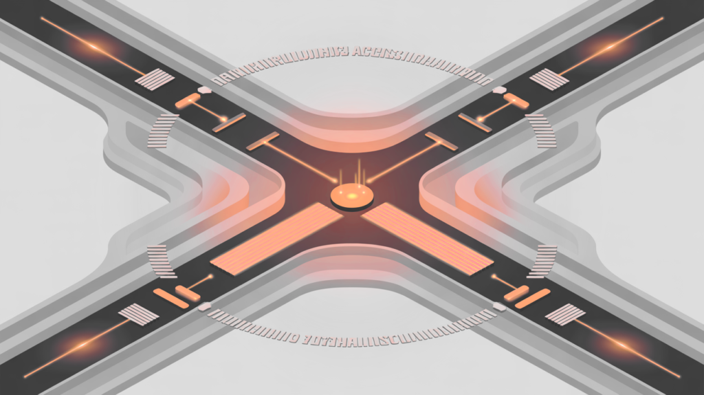 Abstract futuristic crossroad with glowing orange lines and a central glowing orb at the intersection of x-shaped pathways » admin by request