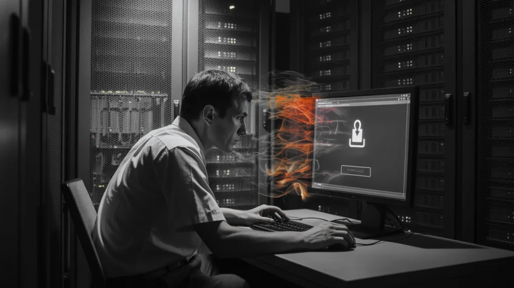 Inline-1 » admin by request It technician in a server room typing at a keyboard, with flames seemingly emanating from the monitor displaying a lock icon and a download prompt. » admin by request