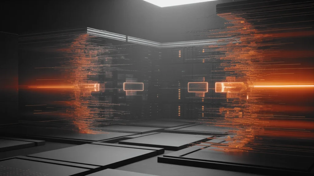 Inline-2 » admin by request Futuristic data center with dark walls, glowing orange light trails and rectangular panels, plus a glitchy, motion-blur effect. » admin by request