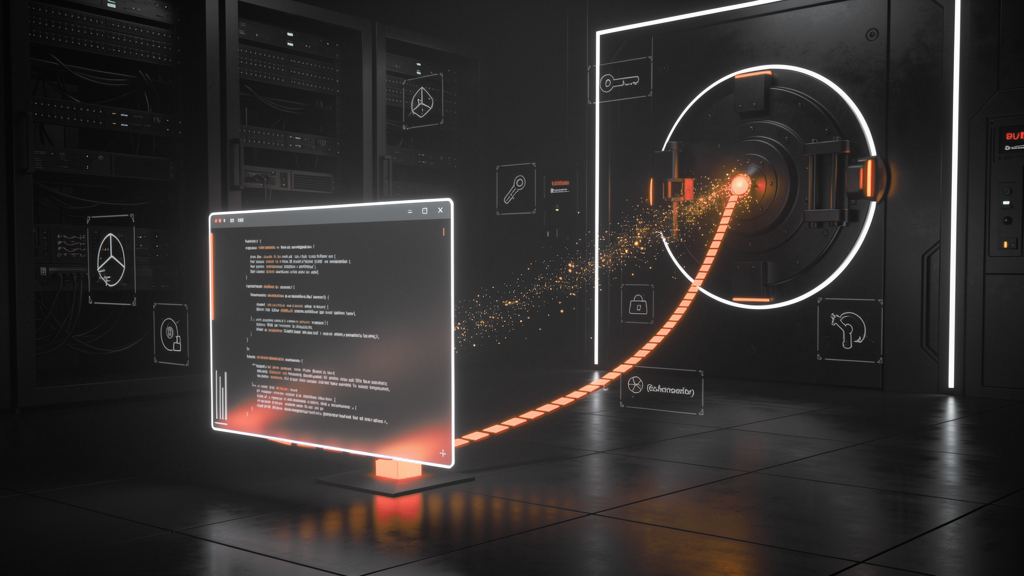 Dark data center with a floating code editor panel connected by an orange beam to a high-security vault door » admin by request