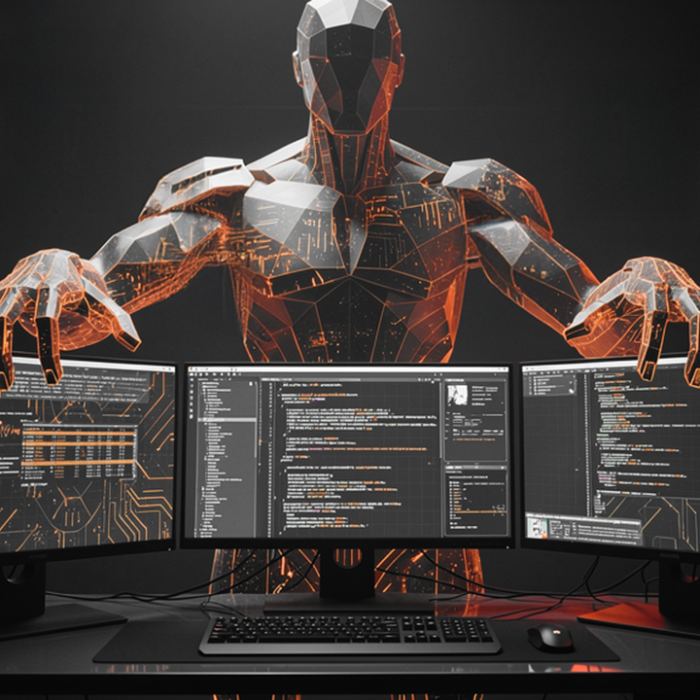 Futuristic robotic figure looming over a three-monitor coding workstation with glowing orange warning signs in the background. » admin by request