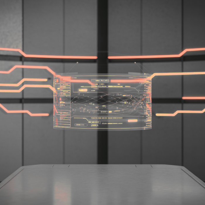 Floating holographic data dashboard hovering above a table in a high-tech lab, with glowing orange circuit lines around it. » admin by request