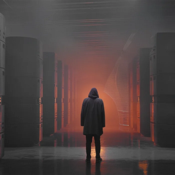 A solitary figure in a hooded cloak stands in a dim data center corridor, facing an orange glow at the end among rows of server racks. » admin by request