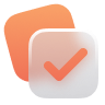 Verified/complete badge: orange checkmark inside a rounded light square on an orange backdrop, indicating success