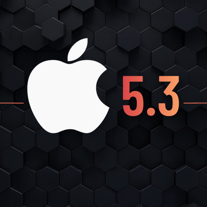 White apple logo with the bold orange '5. 3' on a dark hexagon tech background with circuit lines to the left and right. » admin by request