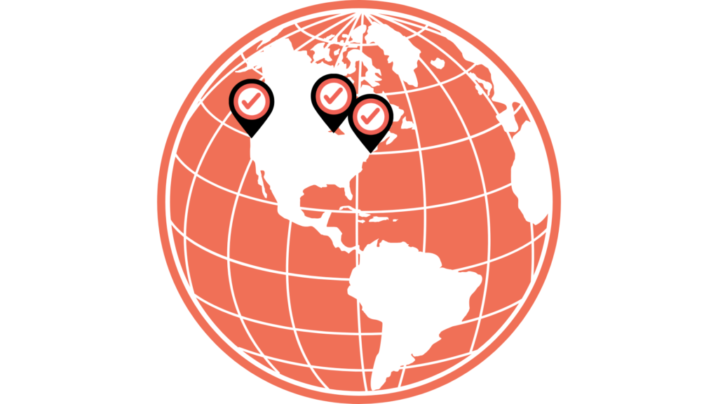 Orange globe with white continents and three location pins marked with check marks over north america. » admin by request » admin by request