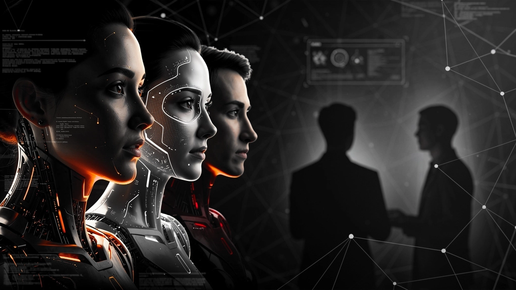 Three futuristic humanoid robots in profile with orange accents, facing left; two shadowy figures in a tech background. » admin by request