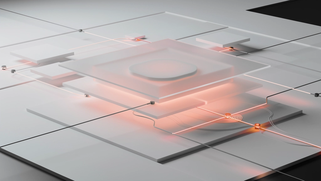 Abstract 3d diagram of stacked translucent panels with glowing orange circuitry connecting at nodes. » admin by request