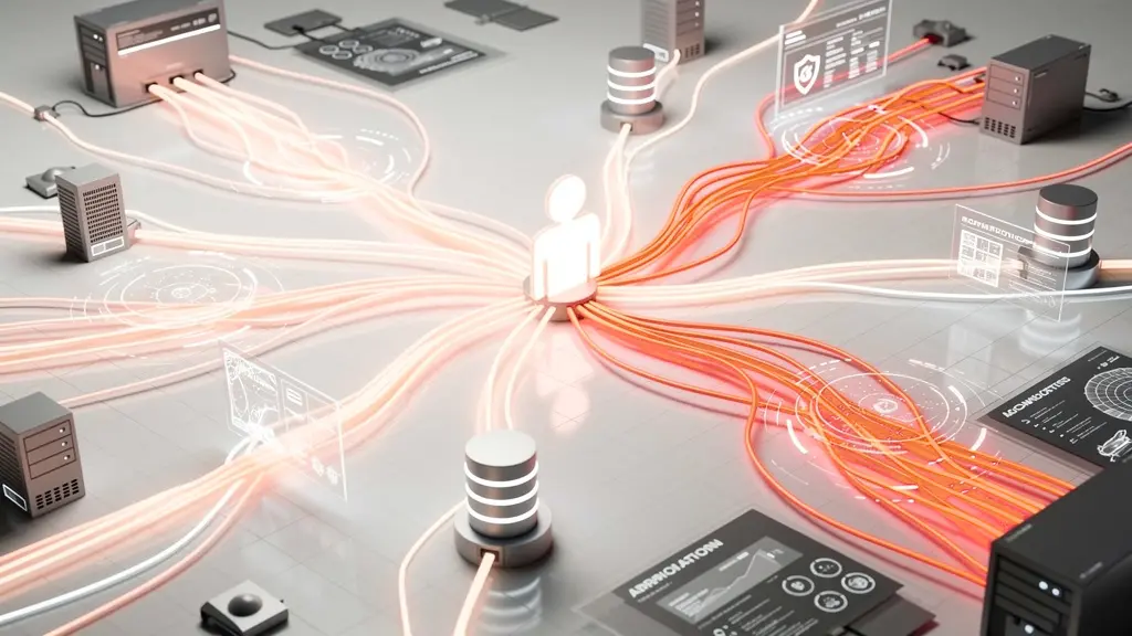 Central glowing human icon connected to multiple red and white data cables to surrounding servers and dashboards, illustrating a network hub. » admin by request