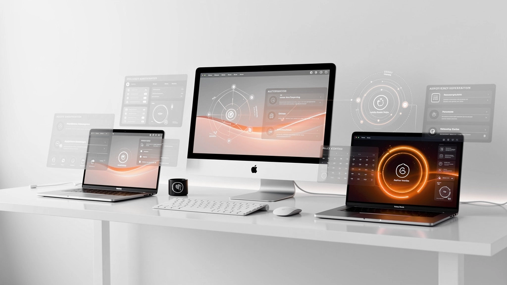 Futuristic workspace with a desktop, two laptops, and floating holographic dashboards above a white desk » admin by request