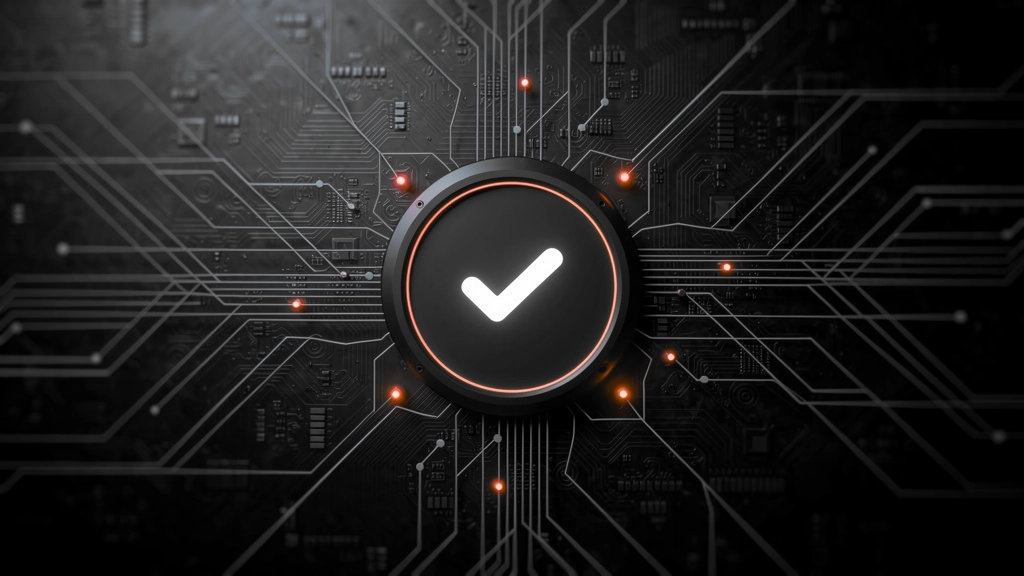Glowing circular button with a white checkmark on a dark circuit board, signaling verification or success in a tech context. » admin by request