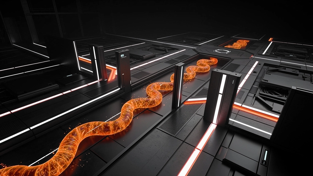 Futuristic laboratory corridor with dark metal floors and an orange glowing spiral trail winding along the floor. » admin by request