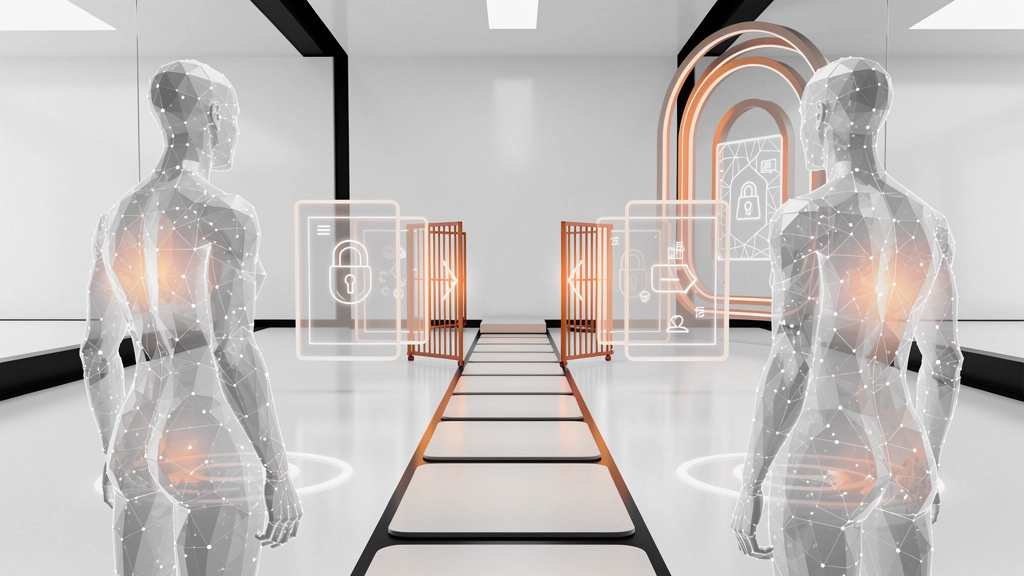 Inline-2 » admin by request Futuristic security tunnel with two translucent humanoid figures and floating holographic access panels, gate in the distance at center-right. » admin by request