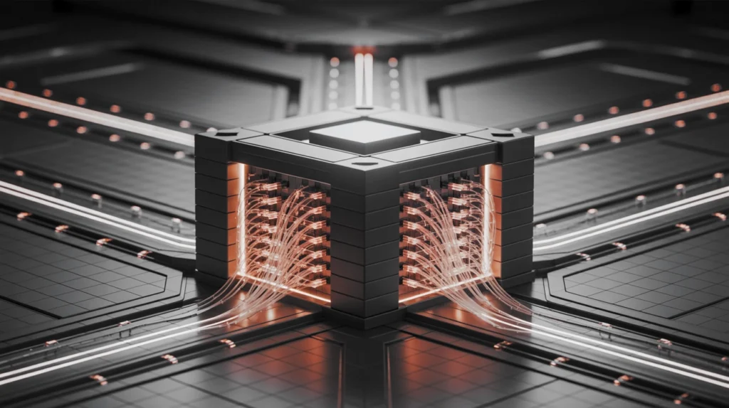 Inline-2 » admin by request Central cube-shaped server hub with glowing orange cables radiating outward across a dark, futuristic data floor. » admin by request