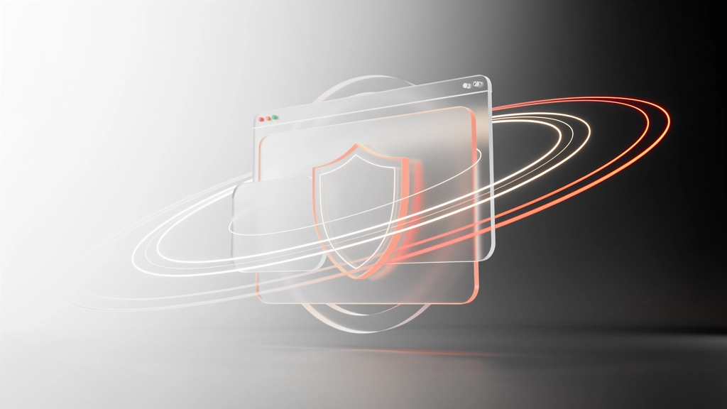 3d rendering of layered browser windows with a glowing shield, surrounded by orbiting light rings to symbolize cybersecurity. » admin by request