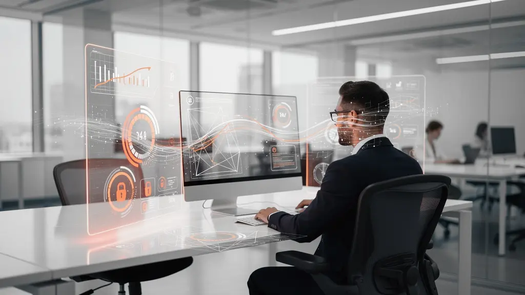 Man in a suit at a desk using futuristic transparent dashboards displaying charts and security icons in a modern office. » admin by request