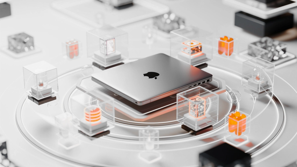 Futuristic concept image: a silver laptop on a circular transparent platform surrounded by floating glass display pods with orange accents » admin by request