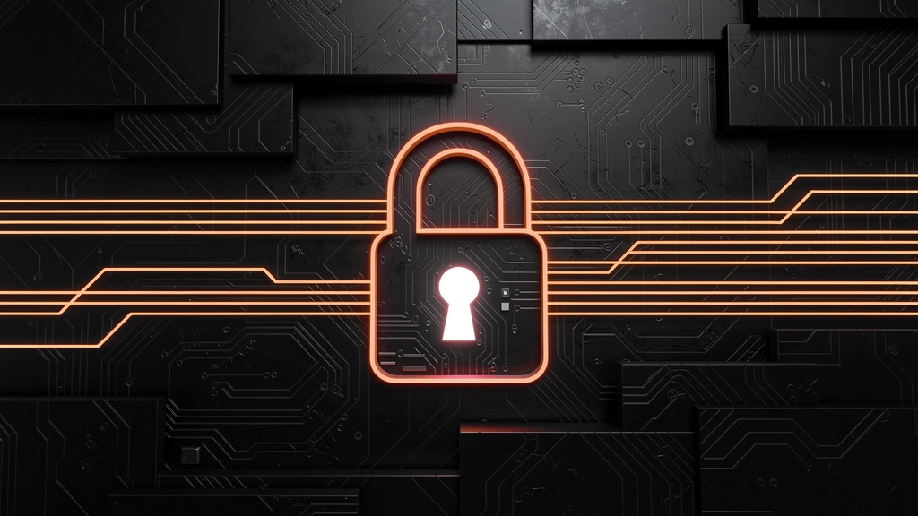 Glowing orange padlock over a dark circuit-board background, symbolizing cybersecurity and data protection. » admin by request
