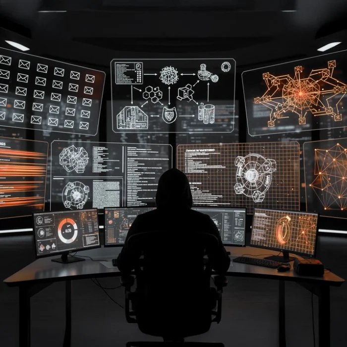 Person wearing a hoodie sits at a desk in a dark room, surrounded by glowing holographic screens with charts and diagrams (cyber/control room scene). » admin by request