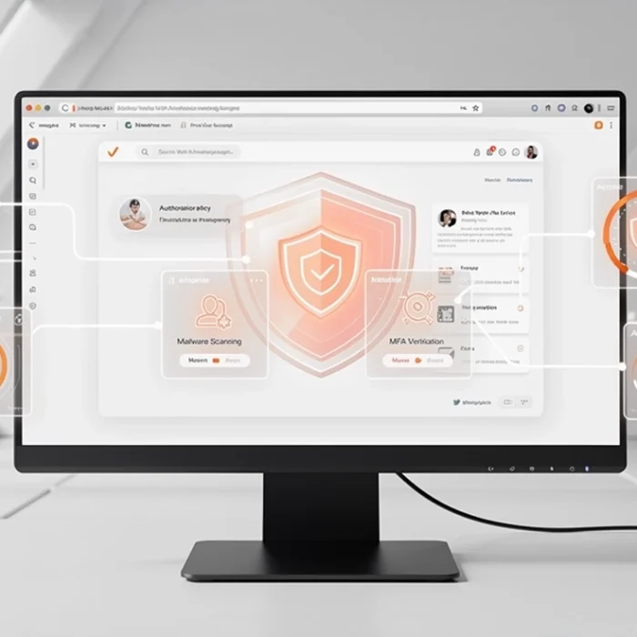 Monitor displaying a futuristic cybersecurity dashboard with orange shield icons and interconnected ui panels in a bright, sterile room. » admin by request