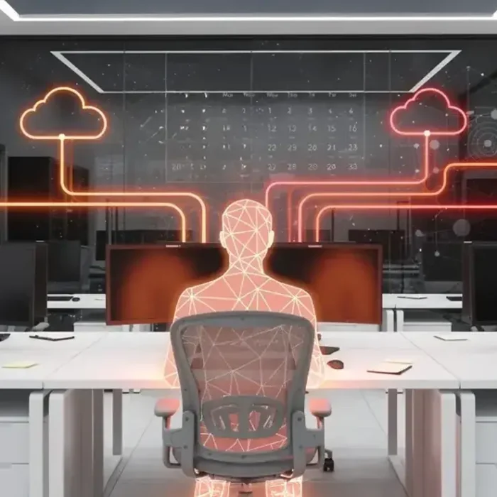 Futuristic data center: a glowing mesh humanoid at a workstation connected by neon lines to cloud icons and server racks in the background. » admin by request