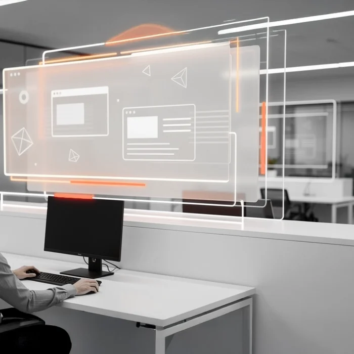 Man seated at a desk in a modern office, interacting with large translucent holographic screens hovering in front of him. » admin by request