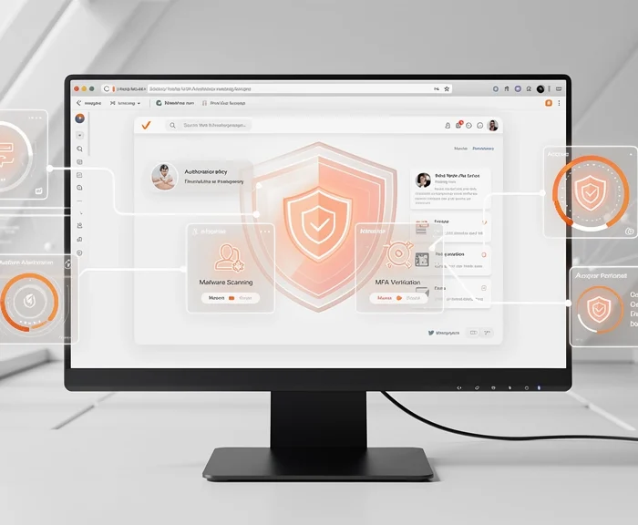 Desktop monitor showing a cybersecurity dashboard with orange shield icons and floating status panels, connected by lines. » admin by request