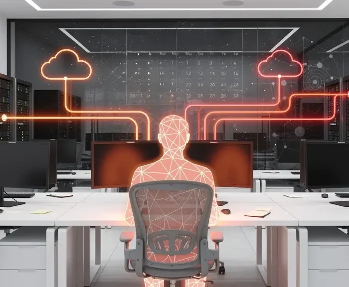 Data center workstation with a glowing wireframe human figure facing multiple monitors, connected to neon cloud and circuit lines on a dark wall. » admin by request