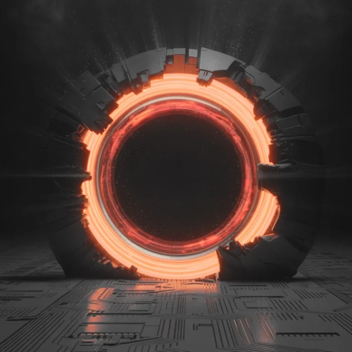 Glowing orange circular portal set in a dark sci‑fi environment with a fractured outer ring. » admin by request