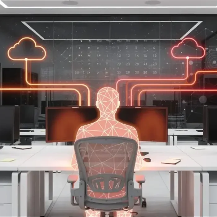 Futuristic data center with a glowing humanoid figure seated at a desk, connected to cloud servers by orange data lines on a transparent holographic display. » admin by request