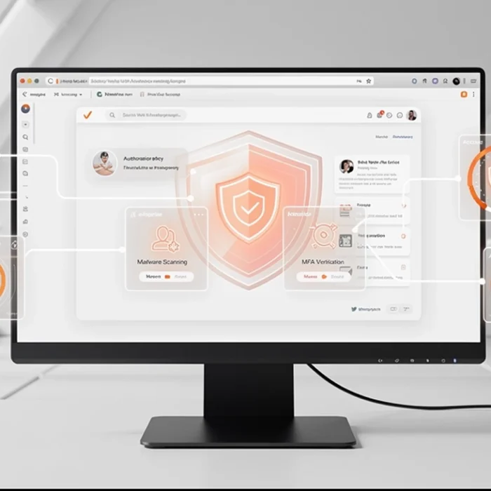 Monitor displaying a cybersecurity dashboard with orange shield icons and floating data panels connected by lines. » admin by request