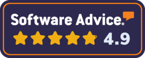Software advice badge with five yellow stars and a 4. 9 rating on a dark blue background with orange border and speech-bubble icon. » admin by request » admin by request