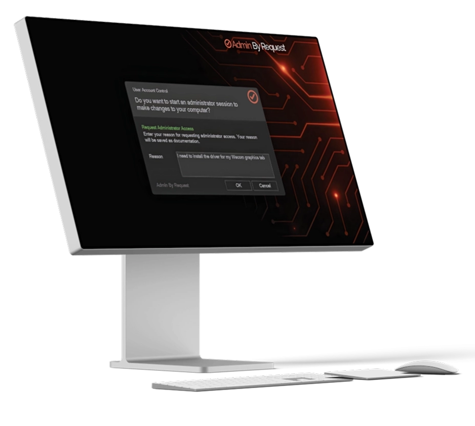 Silver desktop monitor on a stand displaying an admin by request administrator access dialog in a dark, circuit-themed background. » admin by request » admin by request